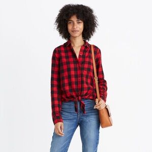 Madewell Flannel Tie-Front Blouse Buffalo Check Red Black Button Down Small